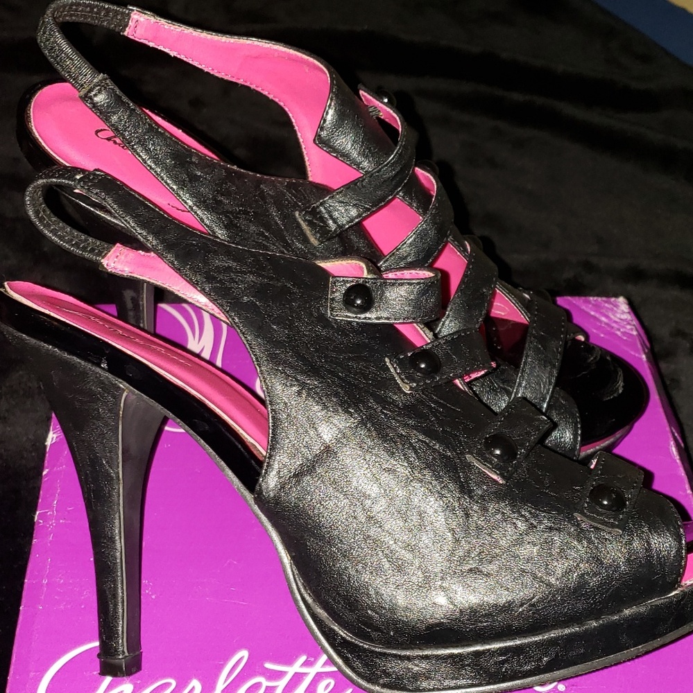 Black open toe and heel high heels